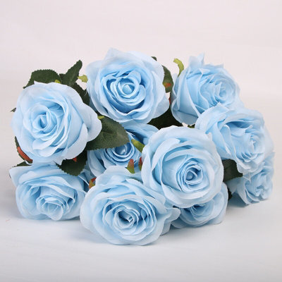 10 Heads Silk Rose Artificial Flowers Fake Bouquet Wedding Home Party Decor Uk Light Blue - image 1