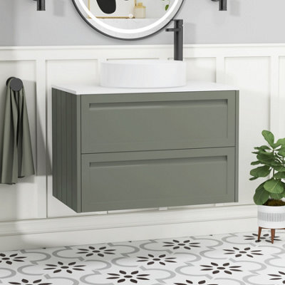 Royal Bathrooms Royal Bathroom Elmore 800mm Matt Green Wall Mounted Countertop Bathroom Vanity Unit 2 Drawer Plain White Worktop With Art Basin - image 1