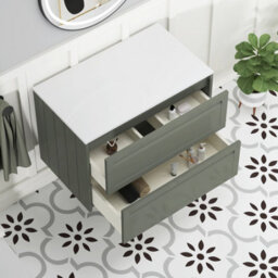 Royal Bathrooms Royal Bathroom Elmore 800mm Matt Green Wall Mounted Countertop Bathroom Vanity Unit 2 Drawer Plain White Worktop With Art Basin - thumbnail 6