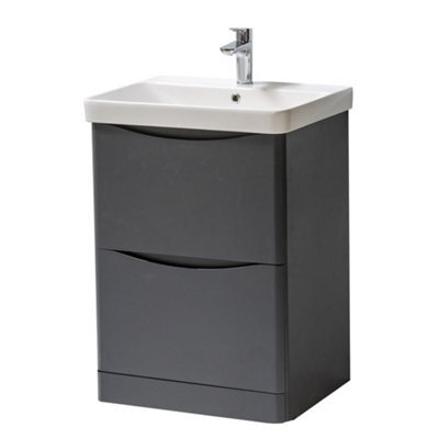 Clifton Bathroom Floor Standing 2-Drawer Vanity Unit With Basin 600mm Wide - Matt Graphite - (Arch) - Brassware Not Included - image 1