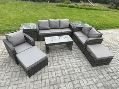 Fimous 8 Seater High Back Rattan Garden Furniture Set With Reclining Chair Rectangular Coffee Table 2 Side Tables - image 1
