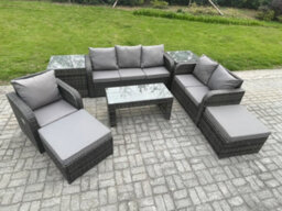 Fimous 8 Seater High Back Rattan Garden Furniture Set With Reclining Chair Rectangular Coffee Table 2 Side Tables