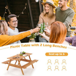Costway Outdoor Table Set Patio Picnic Wood Dining Table W/ 2 Built-In Benches - thumbnail 9