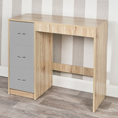Urbn-Living Urbnliving Height 79.5Cm 3 Drawer Wooden Bedroom Dressing Computer Work Table Desk Oak Carcass And Grey Drawers Jewellery - image 1