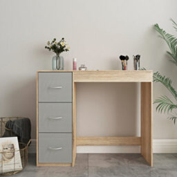 Urbn-Living Urbnliving Height 79.5Cm 3 Drawer Wooden Bedroom Dressing Computer Work Table Desk Oak Carcass And Grey Drawers Jewellery - thumbnail 2