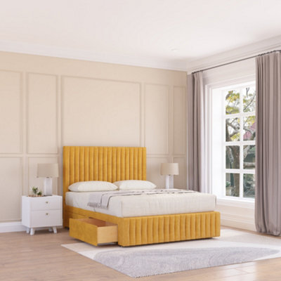 "Sloomy 3Ft Madison Divan Bed Base Mustard Plush 2 Drawers, 12"" Footboard & 26"" Struts Headboard - Single" - image 1