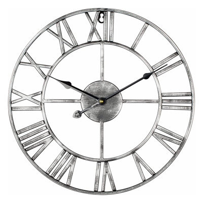 Large Skeleton Metal Roman Wall Clock Big Numerals Giant Round Open Face Clocks Sliver 80Cm - image 1