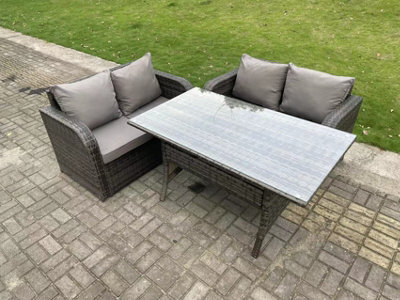 Fimous Dark Grey Pe Rattan Garden Furniture Set Love Sofa 2 Seater Sofa Set Outdoor Rectangular Dining Table 4 Seater - image 1
