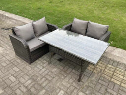Fimous Dark Grey Pe Rattan Garden Furniture Set Love Sofa 2 Seater Sofa Set Outdoor Rectangular Dining Table 4 Seater - thumbnail 2