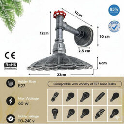 " Industrial Vintage Water Pipe Wall Light With Umbrella Metal Shade Brushed Silver Finish E27" - thumbnail 2