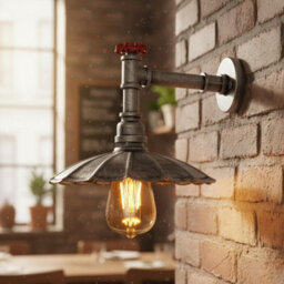 " Industrial Vintage Water Pipe Wall Light With Umbrella Metal Shade Brushed Silver Finish E27" - thumbnail 3
