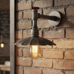 " Industrial Vintage Water Pipe Wall Light With Umbrella Metal Shade Brushed Silver Finish E27" - thumbnail 5