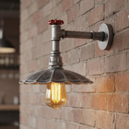 " Industrial Vintage Water Pipe Wall Light With Umbrella Metal Shade Brushed Silver Finish E27" - thumbnail 6