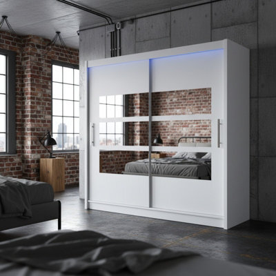 Bega Iii 180 Cm Sliding Door Wardrobe With Mirror Shelving And Hanging Rail Storage White With Led Lights - image 1