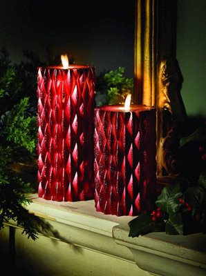 2 X Sparkly Red Led Pillar Candles - Battery Powered Flickering Light Home Decoration - 1 Of Each 15 & 20Cm