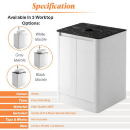 Plum&clay Mayfair Gloss White Freestanding Bathroom Vanity Unit With Black Slate Countertop (W)650mm (H)745mm - thumbnail 5