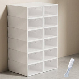 12 Pack White Stackable Plastic Shoe Storage Boxes With Clear Drawer Fronts