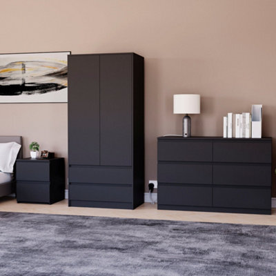 Lassic Vida Designs Denver 3 Piece Bedroom Set - (2 Drawer Large Bedside Chest, 6 Drawer Chest, 2 Door 2 Drawer Wardrobe), Black - image 1