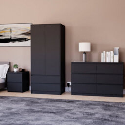 Lassic Vida Designs Denver 3 Piece Bedroom Set - (2 Drawer Large Bedside Chest, 6 Drawer Chest, 2 Door 2 Drawer Wardrobe), Black - thumbnail 1