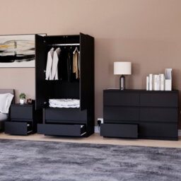 Lassic Vida Designs Denver 3 Piece Bedroom Set - (2 Drawer Large Bedside Chest, 6 Drawer Chest, 2 Door 2 Drawer Wardrobe), Black - thumbnail 2