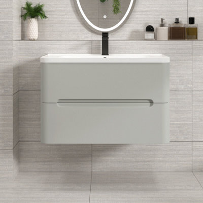 Royal Bathrooms Venice 800mm Dove Grey Wall Hung Bathroom Vanity Unit 2 Drawer With Ceramic Basin - 1 Tap Hole Basin - image 1