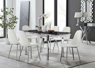 Furniturebox Uk Enna Black Glass Extending Dining Table And 6 White Corona Silver Leg Chairs - image 1