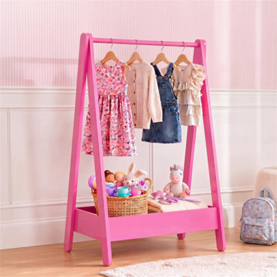 Clothes Rack Hanging Rail Pine Wooden Coloured Coats Portable Hanger Pink - image 1