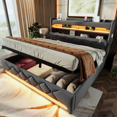 Super King Linen Hydraulic Storage Bed With Led, Usb-C & Headboard - image 1