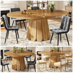 Abrihome Extending Round To Oval Wooden Dining Table, Adapts From Round To Oval For 6 People, 118-158Cm, Wood