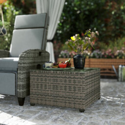 Outsunny Outdoor Coffee Table With Glass Top, Rattan Side Table, Light Grey - thumbnail 9