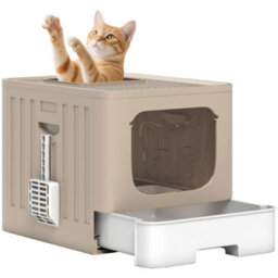 Pawhut Cat Litter Box With Lid, Slide-Out Drawer, Khaki - thumbnail 2