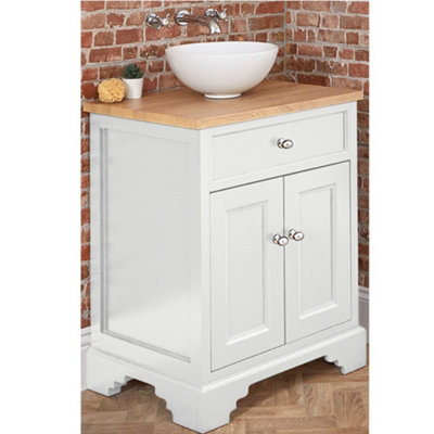 Homestylestore 645mm Antique White And Oak Bathroom Vanity Unit With Round Countertop Basin And Chrome Round Handles - image 1