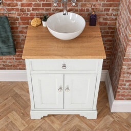 Homestylestore 645mm Antique White And Oak Bathroom Vanity Unit With Round Countertop Basin And Chrome Round Handles - thumbnail 2