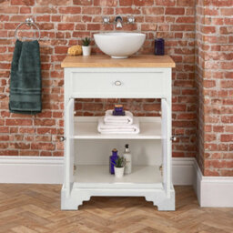 Homestylestore 645mm Antique White And Oak Bathroom Vanity Unit With Round Countertop Basin And Chrome Round Handles - thumbnail 4