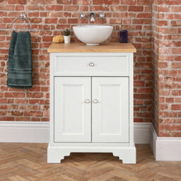Homestylestore 645mm Antique White And Oak Bathroom Vanity Unit With Round Countertop Basin And Chrome Round Handles - thumbnail 3