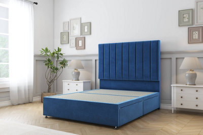 "Sloomy Kansas Navy Plush Divan Bed Base 2 Drawers Same Side With 54"" Floor Standing Headboard 3' Single" - image 1