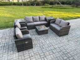 Fimous 7 Seater Garden Furniture Set Rattan Outdoor Lounge Sofa Chair With Tempered Glass Table 2 Side Tables - thumbnail 1