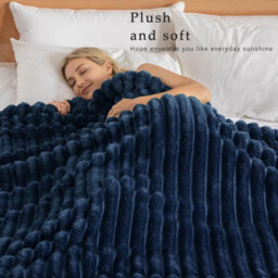 Dyzi Supersoft Ribbed 150X200Cm Jacquard Fleece Throw Blanket  Cozy Sofa & Bed Throw Navy Blue - thumbnail 3