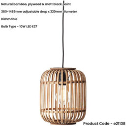 Loops Hanging Ceiling Pendant Light - Natural Bamboo Plywood & Matt Black Paint - 10W Led E27 - thumbnail 2