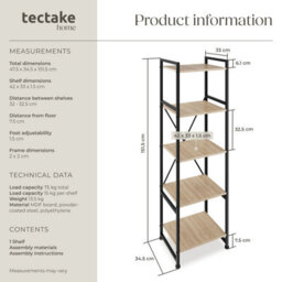 Tectake Bookcase Manchester - 5 Shelves  - Industrial Wood Light, Oak Sonoma - thumbnail 6