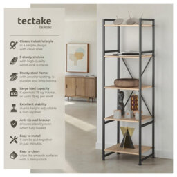 Tectake Bookcase Manchester - 5 Shelves  - Industrial Wood Light, Oak Sonoma - thumbnail 2