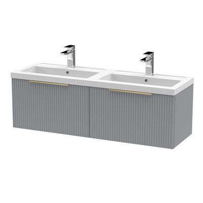 Balterley Fluted Front Wall Hung 2-Drawer Bathroom Vanity Unit With Double Basin, 1200mm, Satin Grey, Brushed Brass Handles - image 1
