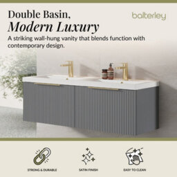 Balterley Fluted Front Wall Hung 2-Drawer Bathroom Vanity Unit With Double Basin, 1200mm, Satin Grey, Brushed Brass Handles - thumbnail 2