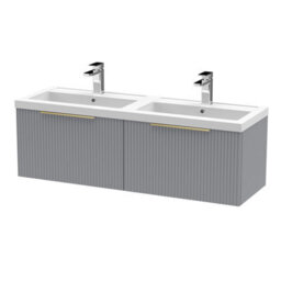 Balterley Fluted Front Wall Hung 2-Drawer Bathroom Vanity Unit With Double Basin, 1200mm, Satin Grey, Brushed Brass Handles - thumbnail 1