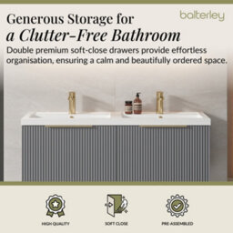 Balterley Fluted Front Wall Hung 2-Drawer Bathroom Vanity Unit With Double Basin, 1200mm, Satin Grey, Brushed Brass Handles - thumbnail 3