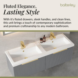 Balterley Fluted Front Wall Hung 2-Drawer Bathroom Vanity Unit With Double Basin, 1200mm, Satin Grey, Brushed Brass Handles - thumbnail 4