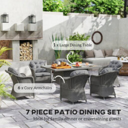 Wyld Haus Bami 7-Piece Light Grey Rattan Outdoor Dining Set - 6 Cushioned Chairs With Rectangular Tempered Glass Table - thumbnail 4