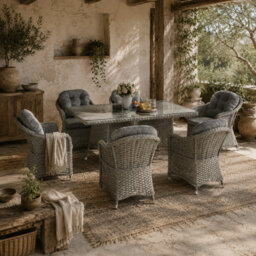 Wyld Haus Bami 7-Piece Light Grey Rattan Outdoor Dining Set - 6 Cushioned Chairs With Rectangular Tempered Glass Table
