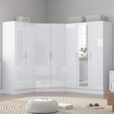 Reflect 3Pc Wardrobe Bundle - 2 Door Corner + 3 Door Mirror + 2 Door Plain - White Gloss & Matt White - H: 180Cm X W: 291Cm - image 1