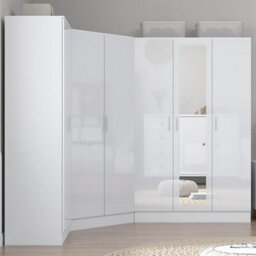 Reflect 3Pc Wardrobe Bundle - 2 Door Corner + 3 Door Mirror + 2 Door Plain - White Gloss & Matt White - H: 180Cm X W: 291Cm - thumbnail 3